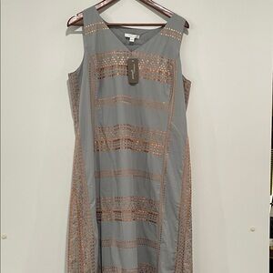 J. Jill Gray and Copper Embroidered Geometric Striped Midi Dress